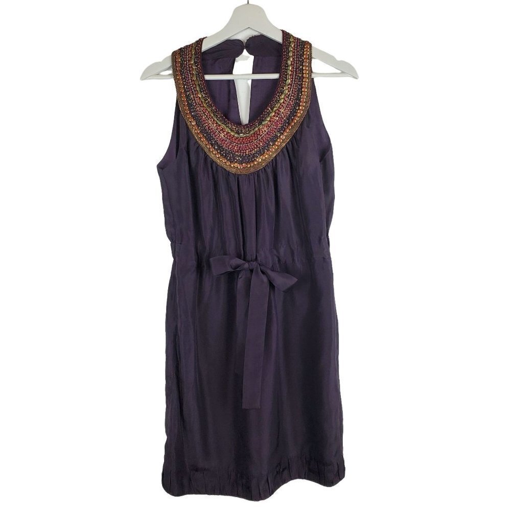 Anthropologie Dress Small Purple 100%ā Silk Sheath Beaded Statement Collar